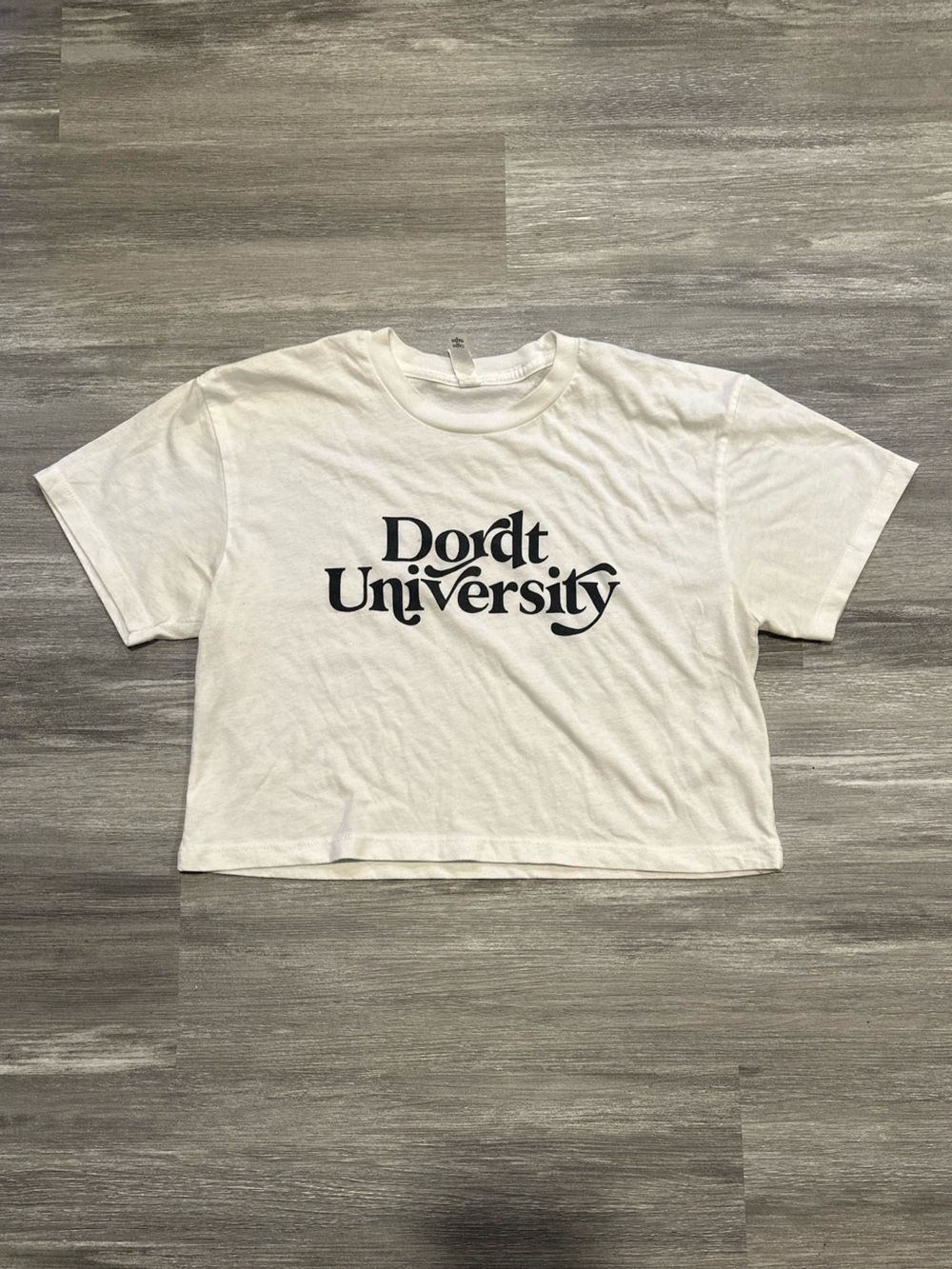 Dordt University White Cropped Tee with Black Lettering Small
